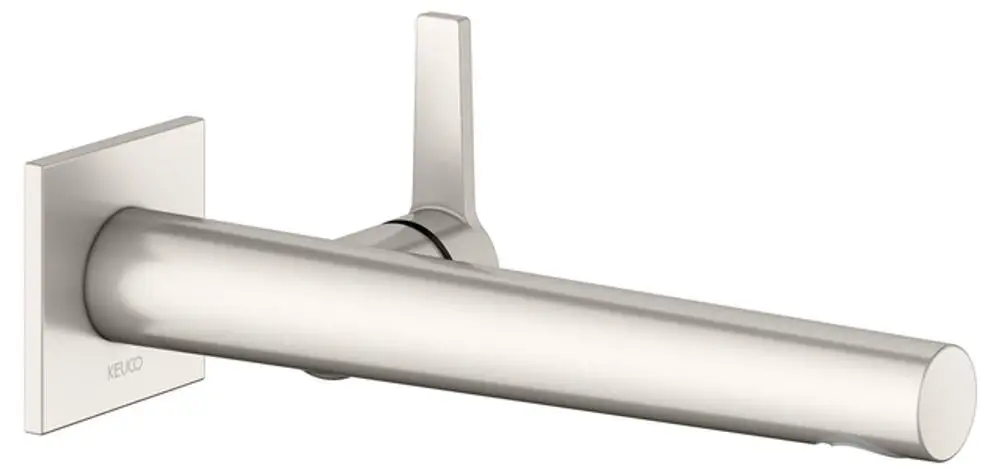 Waschbeckenarmatur zur Wandmontage von Keuco, mit langem, geraden Auslauf und einem modernen, minimalistischen Design in gebürstetem Nickel.